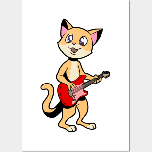 Comic cat playing electric guitar Posters and Art